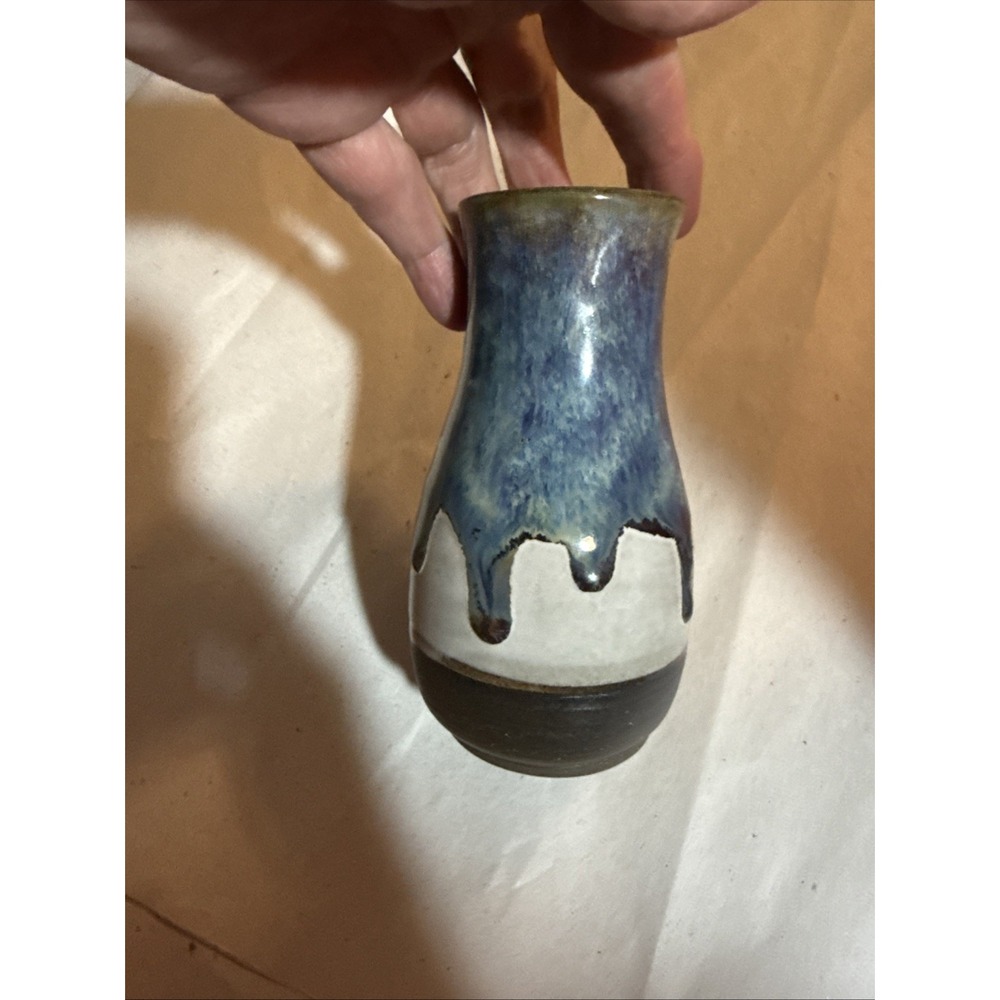 Art Pottery Bud Vase Drip Glaze Blue Grey Brown Pre Owned Signed MW